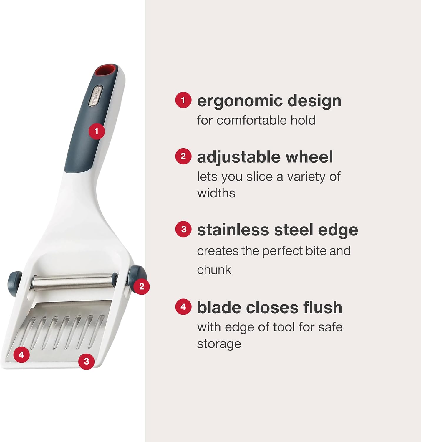 Dial & Slice Cheese Slicer - Adjustable, Handheld Cheese Slicer with Stainless Steel Edge and Ergonomic Handle White