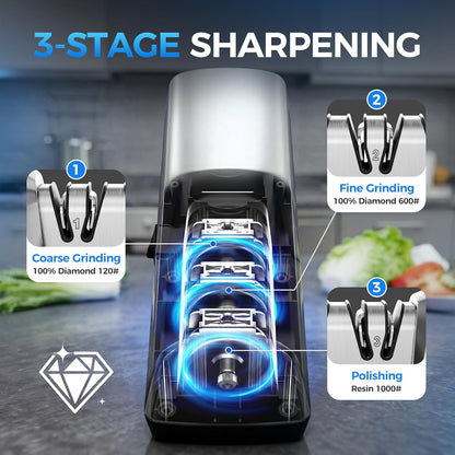 Knife Sharpener Electric for Kitchen - 3-Stage Kitchen Knife Sharpener - 15°Precision Angle Guide Knife Sharpeners - Stainless Steel Grinding Head-Portable and Useful-Fast Sharpening, Repair, Polish.