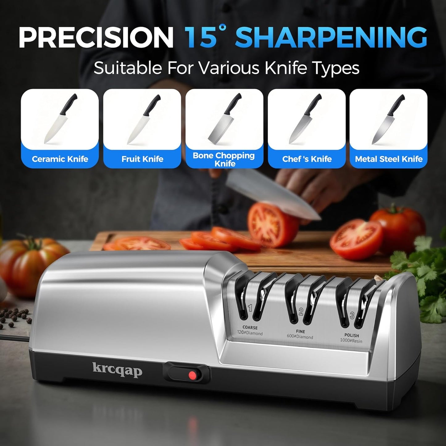 Knife Sharpener Electric for Kitchen - 3-Stage Kitchen Knife Sharpener - 15°Precision Angle Guide Knife Sharpeners - Stainless Steel Grinding Head-Portable and Useful-Fast Sharpening, Repair, Polish.
