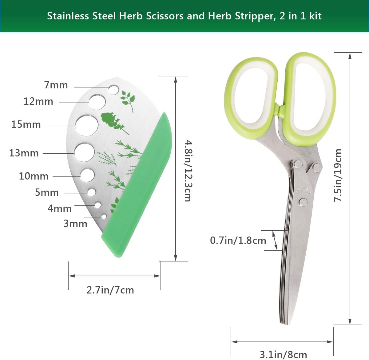 Herb Scissors Herb Stripper Set, Luxiv Stainless Steel Herb Cutter Tools 5-Blades Scissors with Herb Stripping Tool, Safe Cover, Cleaning Comb Multi-blade Herb Shears 2 IN 1 Herb Tools Kits (Green)