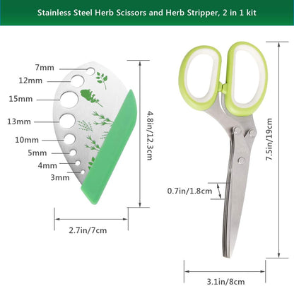 Herb Scissors Herb Stripper Set, Luxiv Stainless Steel Herb Cutter Tools 5-Blades Scissors with Herb Stripping Tool, Safe Cover, Cleaning Comb Multi-blade Herb Shears 2 IN 1 Herb Tools Kits (Green)