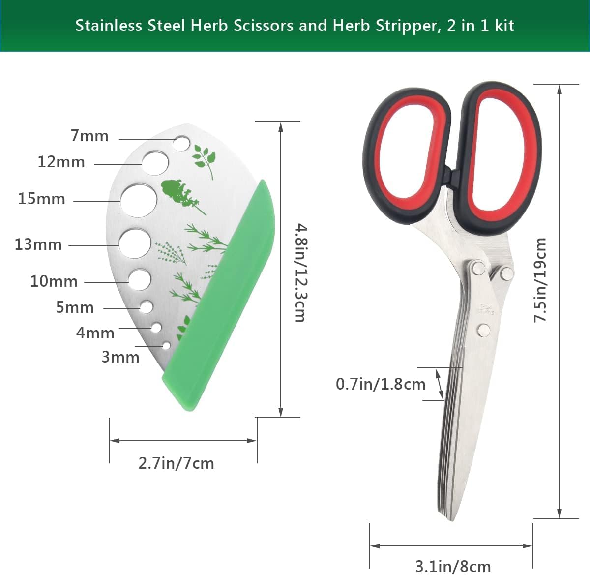 Herb Scissors Herb Stripper Set, Luxiv Stainless Steel Herb Cutter Tools 5-Blades Scissors with Herb Stripping Tool, Safe Cover, Cleaning Comb Multi-blade Herb Shears 2 IN 1 Herb Tools Kits (Green)
