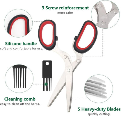 Herb Scissors Herb Stripper Set, Luxiv Stainless Steel Herb Cutter Tools 5-Blades Scissors with Herb Stripping Tool, Safe Cover, Cleaning Comb Multi-blade Herb Shears 2 IN 1 Herb Tools Kits (Green)