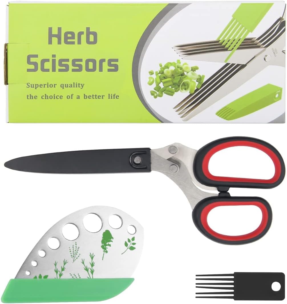 Herb Scissors Herb Stripper Set, Luxiv Stainless Steel Herb Cutter Tools 5-Blades Scissors with Herb Stripping Tool, Safe Cover, Cleaning Comb Multi-blade Herb Shears 2 IN 1 Herb Tools Kits (Green)