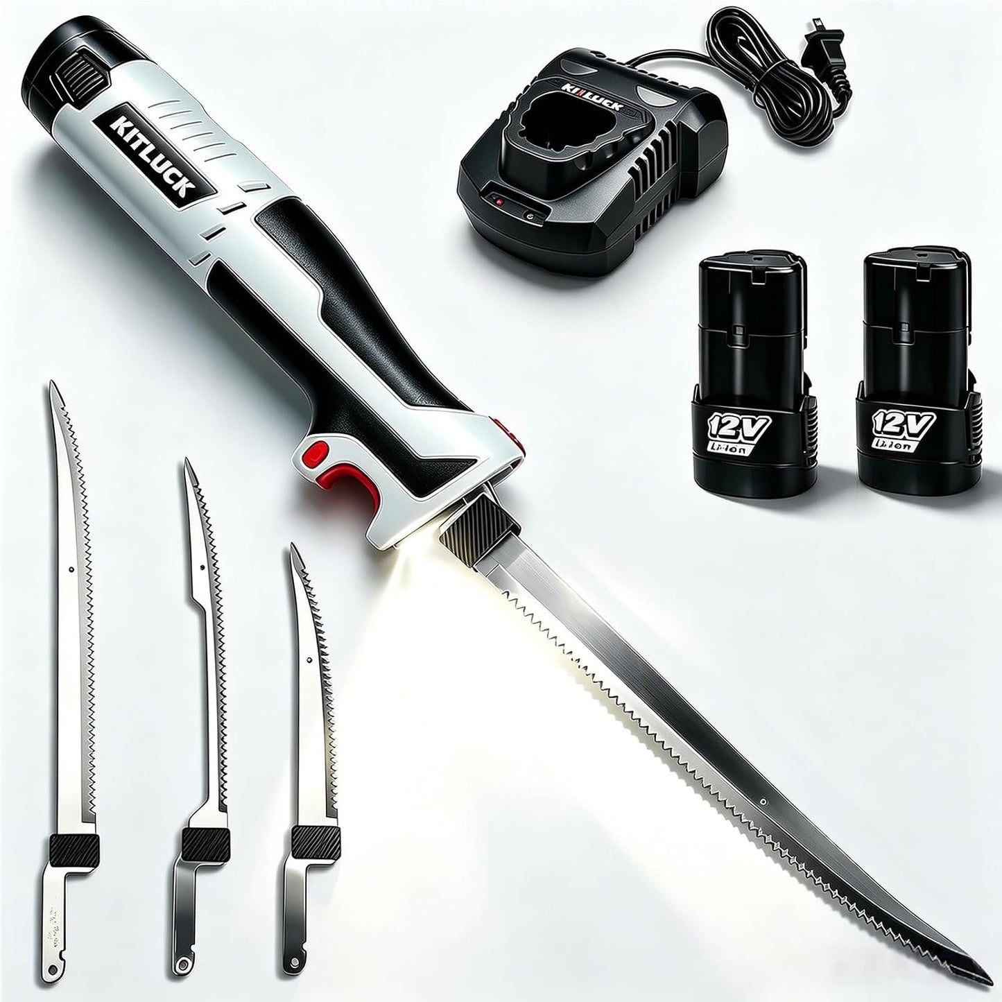 Cordless Electric Fillet Knife - 12V Cordless Fishing Knife with 6'', 8'' and 10'' Stiff Blades, 2 Rechargeable Battery Packs, 1 Charger, Electric Fish Fillet for Fishing, Filleting