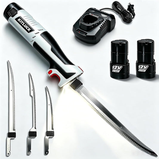 Cordless Electric Fillet Knife - 12V Cordless Fishing Knife with 6'', 8'' and 10'' Stiff Blades, 2 Rechargeable Battery Packs, 1 Charger, Electric Fish Fillet for Fishing, Filleting