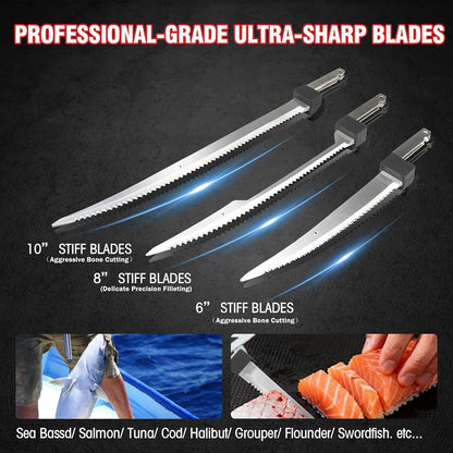 Cordless Electric Fillet Knife - 12V Cordless Fishing Knife with 6'', 8'' and 10'' Stiff Blades, 2 Rechargeable Battery Packs, 1 Charger, Electric Fish Fillet for Fishing, Filleting