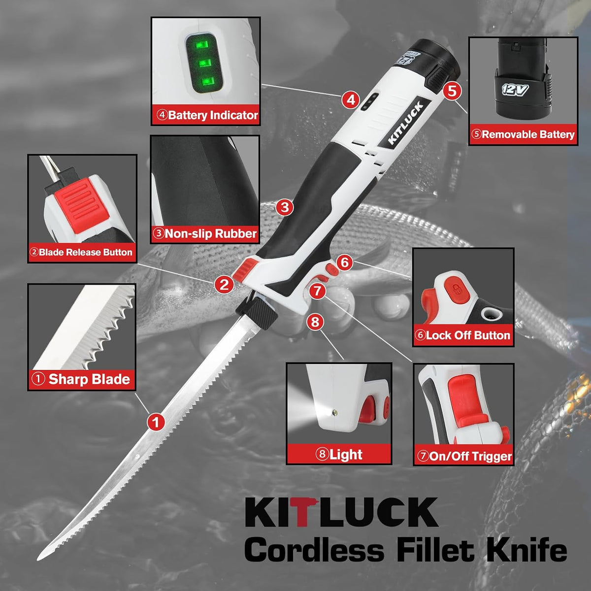 Cordless Electric Fillet Knife - 12V Cordless Fishing Knife with 6'', 8'' and 10'' Stiff Blades, 2 Rechargeable Battery Packs, 1 Charger, Electric Fish Fillet for Fishing, Filleting