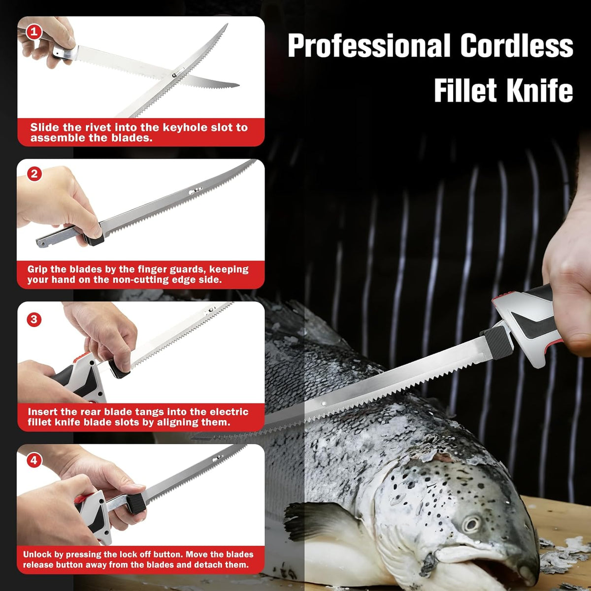 Cordless Electric Fillet Knife - 12V Cordless Fishing Knife with 6'', 8'' and 10'' Stiff Blades, 2 Rechargeable Battery Packs, 1 Charger, Electric Fish Fillet for Fishing, Filleting