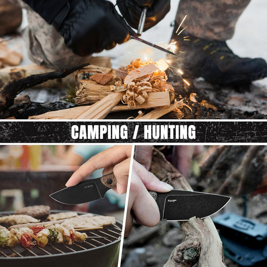 Hare Fixed Blade Knife with Sheath, 3.14" D2 Steel Blade EDC Hunting Knife with Burlap Micarta and Black G10 Handle, Small Survival Knives, Outdoor Camping Knives for Men Women 1077M3