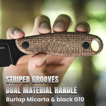Hare Fixed Blade Knife with Sheath, 3.14" D2 Steel Blade EDC Hunting Knife with Burlap Micarta and Black G10 Handle, Small Survival Knives, Outdoor Camping Knives for Men Women 1077M3