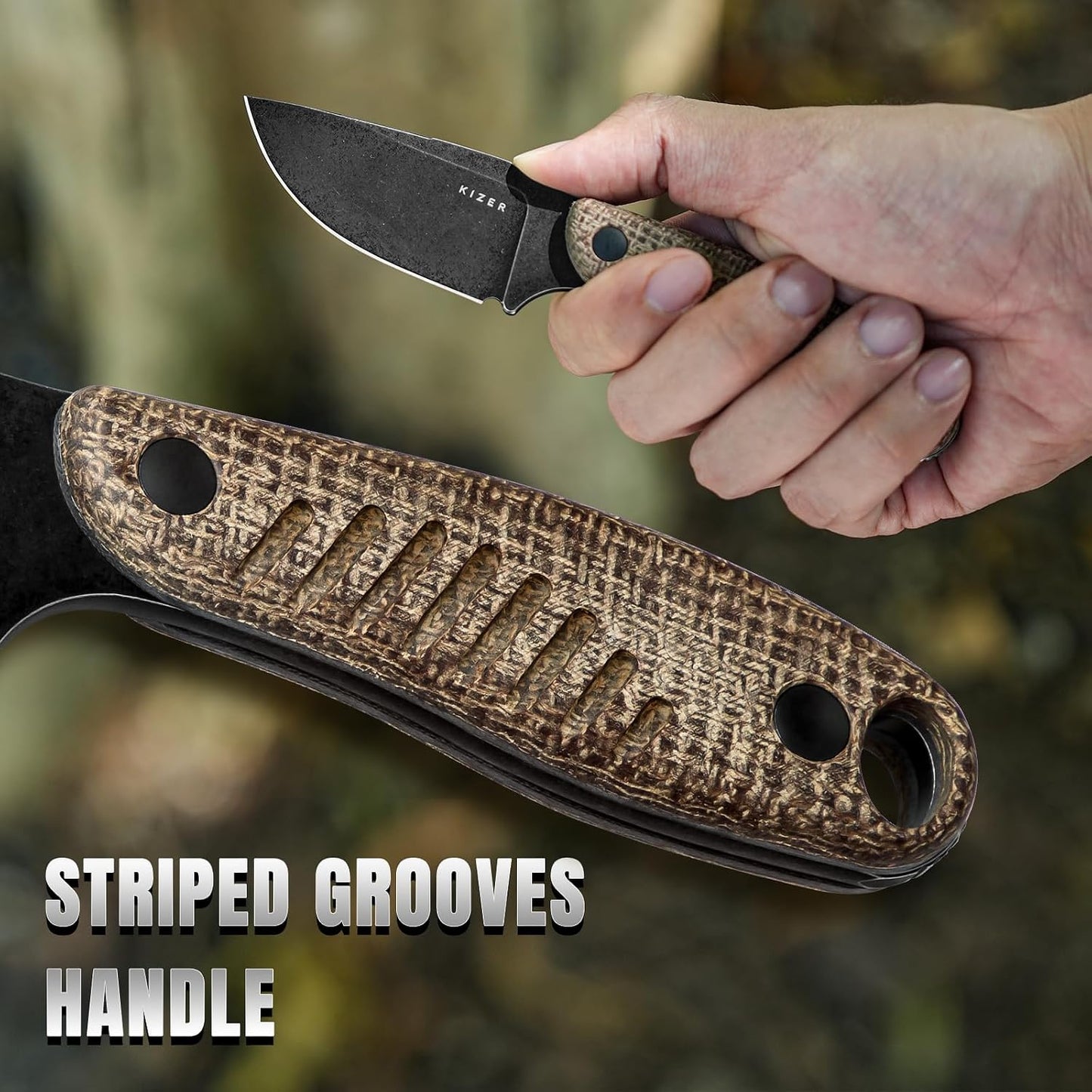 Hare Fixed Blade Knife with Sheath, 3.14" D2 Steel Blade EDC Hunting Knife with Burlap Micarta and Black G10 Handle, Small Survival Knives, Outdoor Camping Knives for Men Women 1077M3