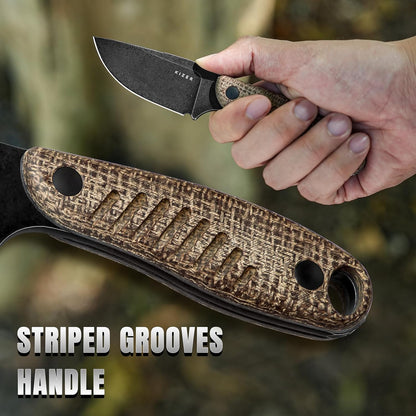 Hare Fixed Blade Knife with Sheath, 3.14" D2 Steel Blade EDC Hunting Knife with Burlap Micarta and Black G10 Handle, Small Survival Knives, Outdoor Camping Knives for Men Women 1077M3
