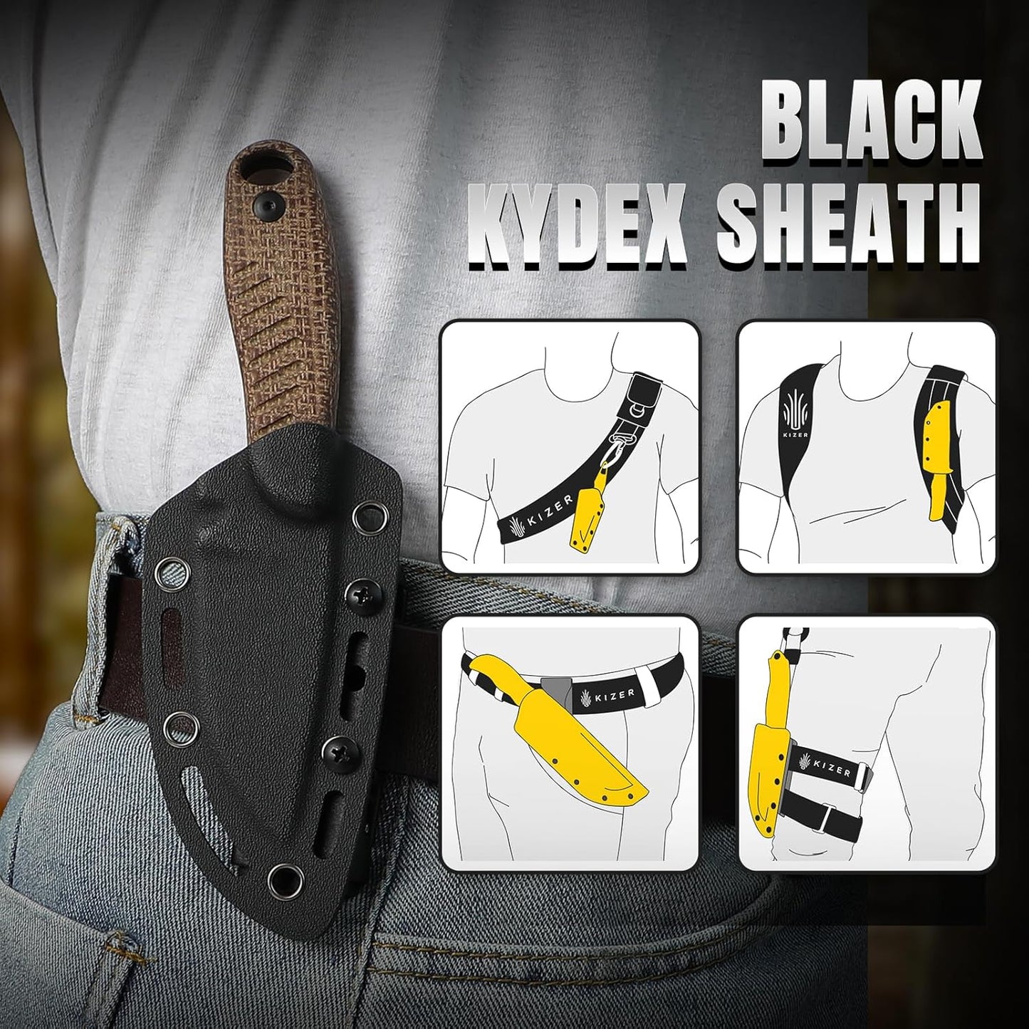 Hare Fixed Blade Knife with Sheath, 3.14" D2 Steel Blade EDC Hunting Knife with Burlap Micarta and Black G10 Handle, Small Survival Knives, Outdoor Camping Knives for Men Women 1077M3