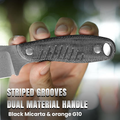 Hare Fixed Blade Knife with Sheath, 3.14" D2 Steel Blade EDC Hunting Knife with Burlap Micarta and Black G10 Handle, Small Survival Knives, Outdoor Camping Knives for Men Women 1077M3