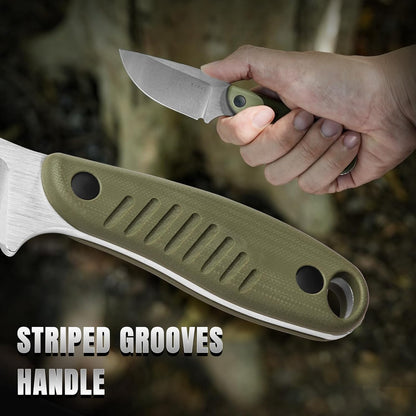 Hare Fixed Blade Knife with Sheath, 3.14" D2 Steel Blade EDC Hunting Knife with Burlap Micarta and Black G10 Handle, Small Survival Knives, Outdoor Camping Knives for Men Women 1077M3