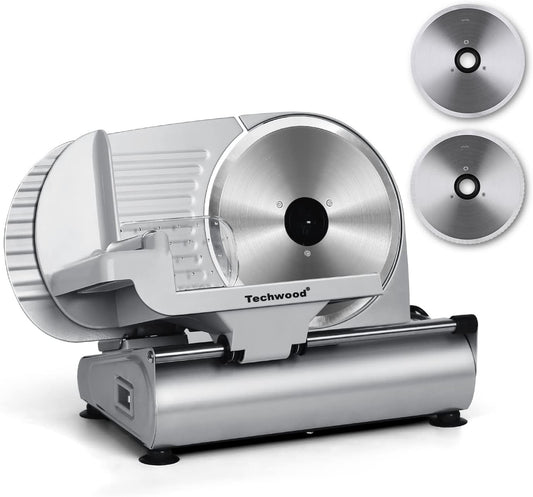 Meat Slicer, Electric Deil Food Slicer with Removable 9” Stainless Steel Blade, Deli Cheese Fruit Vegetable Bread Cutter with Adjustable Knob for Thickness, Food Carriage & Non-Slip Feet