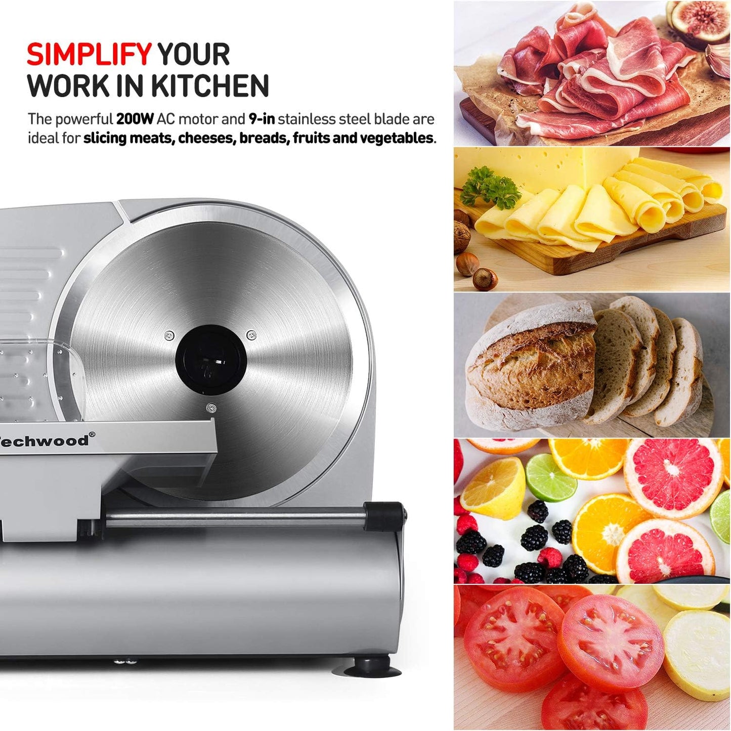 Meat Slicer, Electric Deil Food Slicer with Removable 9” Stainless Steel Blade, Deli Cheese Fruit Vegetable Bread Cutter with Adjustable Knob for Thickness, Food Carriage & Non-Slip Feet