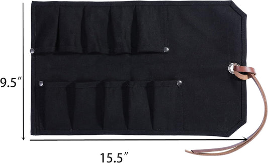 Chisel Roll, Tool Roll Up Bag with 10 staggered tool pockets, Heavy Duty 16oz Waxed Canvas Small Tool Organize Pouch (Black)
