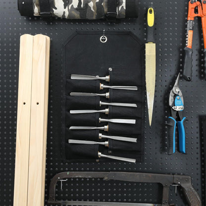 Chisel Roll, Tool Roll Up Bag with 10 staggered tool pockets, Heavy Duty 16oz Waxed Canvas Small Tool Organize Pouch (Black)