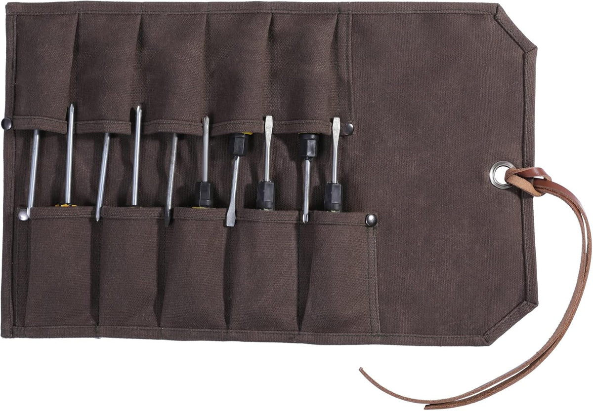 Chisel Roll, Tool Roll Up Bag with 10 staggered tool pockets, Heavy Duty 16oz Waxed Canvas Small Tool Organize Pouch (Black)