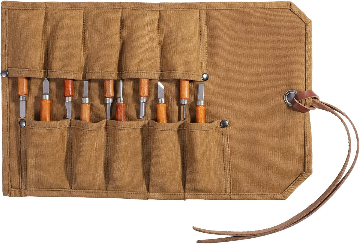 Chisel Roll, Tool Roll Up Bag with 10 staggered tool pockets, Heavy Duty 16oz Waxed Canvas Small Tool Organize Pouch (Black)