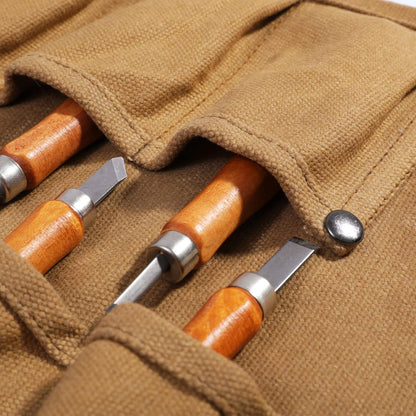 Chisel Roll, Tool Roll Up Bag with 10 staggered tool pockets, Heavy Duty 16oz Waxed Canvas Small Tool Organize Pouch (Black)