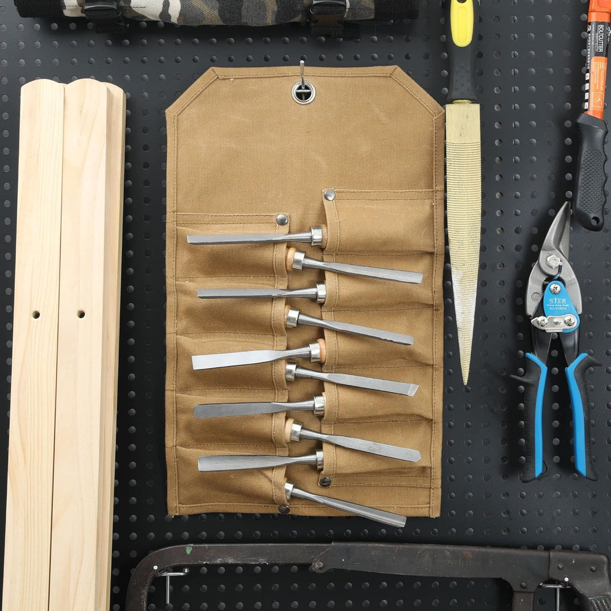 Chisel Roll, Tool Roll Up Bag with 10 staggered tool pockets, Heavy Duty 16oz Waxed Canvas Small Tool Organize Pouch (Black)