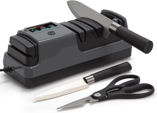 Electric Knife Sharpener for Kitchen, 3-Stage 100% Diamond Abrasive, LCD Screen, 3-speed adjustable, Precision Angle Guides, Use for Straight-Edge & Serrated Knives and Scissors, Gray
