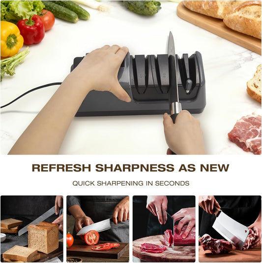 Electric Knife Sharpener for Kitchen, 3-Stage 100% Diamond Abrasive, LCD Screen, 3-speed adjustable, Precision Angle Guides, Use for Straight-Edge & Serrated Knives and Scissors, Gray