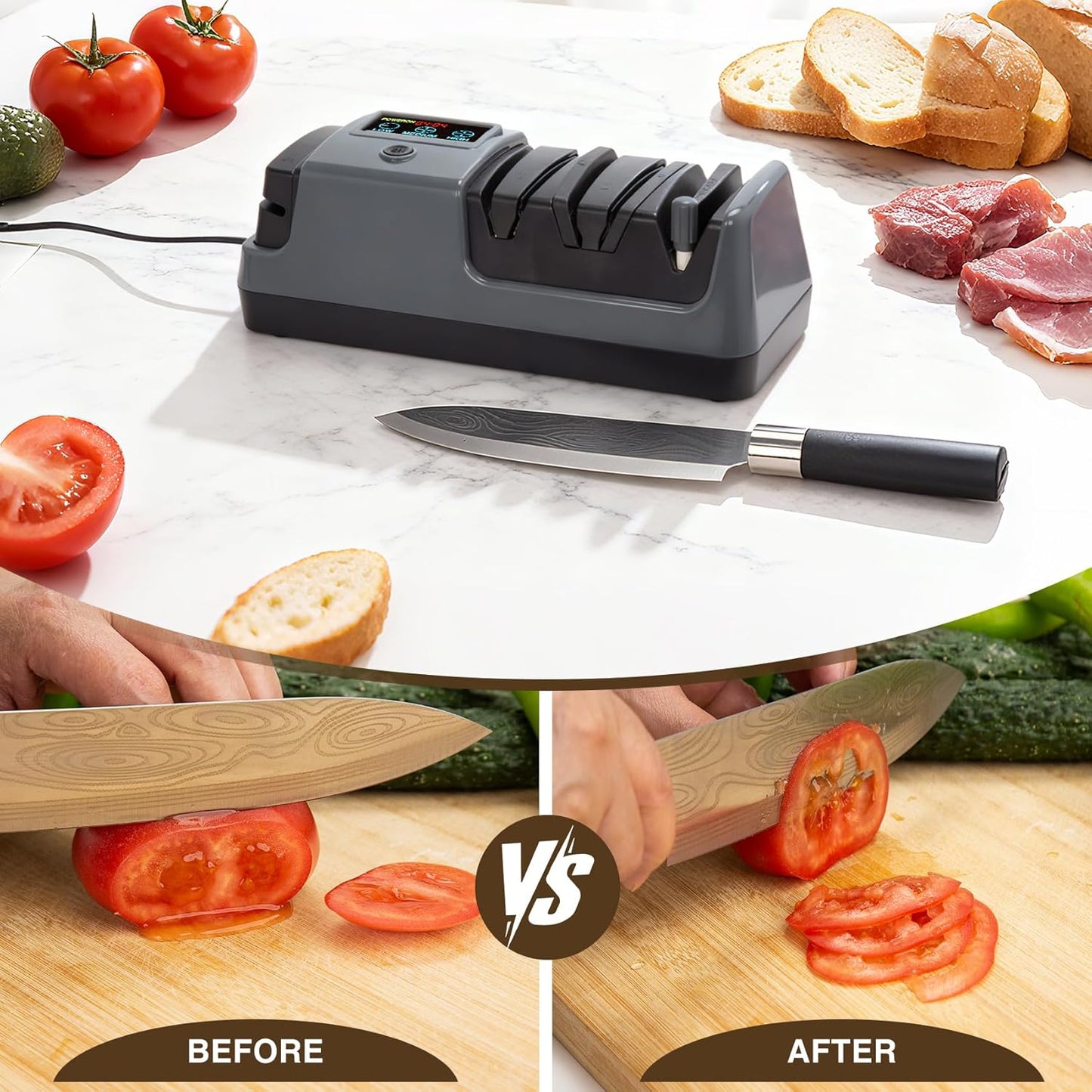 Electric Knife Sharpener for Kitchen, 3-Stage 100% Diamond Abrasive, LCD Screen, 3-speed adjustable, Precision Angle Guides, Use for Straight-Edge & Serrated Knives and Scissors, Gray