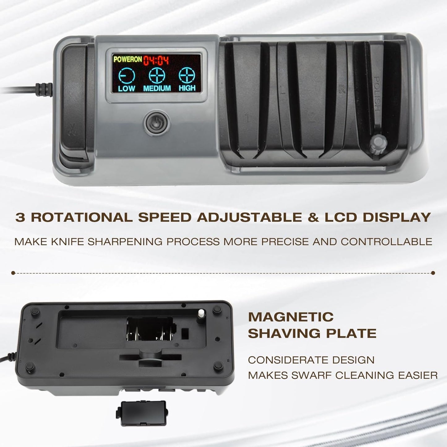 Electric Knife Sharpener for Kitchen, 3-Stage 100% Diamond Abrasive, LCD Screen, 3-speed adjustable, Precision Angle Guides, Use for Straight-Edge & Serrated Knives and Scissors, Gray