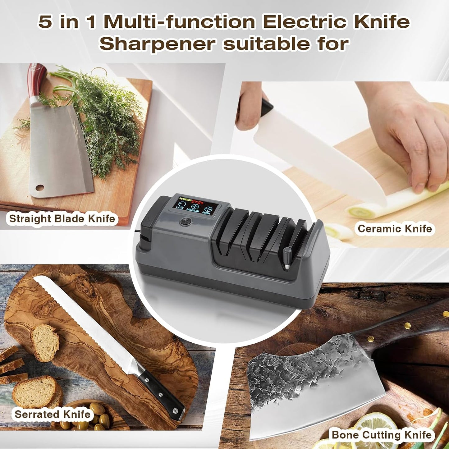 Electric Knife Sharpener for Kitchen, 3-Stage 100% Diamond Abrasive, LCD Screen, 3-speed adjustable, Precision Angle Guides, Use for Straight-Edge & Serrated Knives and Scissors, Gray