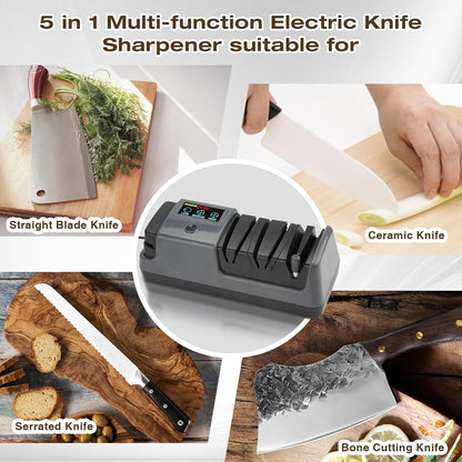 Electric Knife Sharpener for Kitchen, 3-Stage 100% Diamond Abrasive, LCD Screen, 3-speed adjustable, Precision Angle Guides, Use for Straight-Edge & Serrated Knives and Scissors, Gray