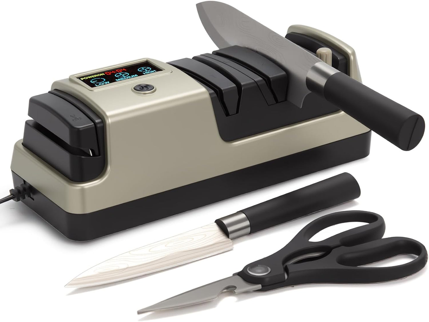 Electric Knife Sharpener for Kitchen, 3-Stage 100% Diamond Abrasive, LCD Screen, 3-speed adjustable, Precision Angle Guides, Use for Straight-Edge & Serrated Knives and Scissors, Gray