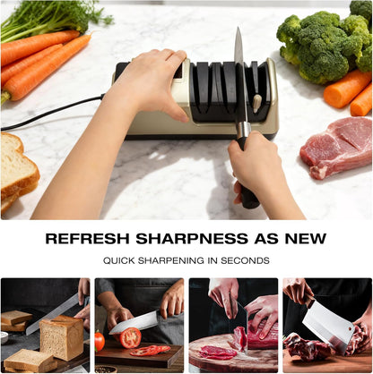 Electric Knife Sharpener for Kitchen, 3-Stage 100% Diamond Abrasive, LCD Screen, 3-speed adjustable, Precision Angle Guides, Use for Straight-Edge & Serrated Knives and Scissors, Gray