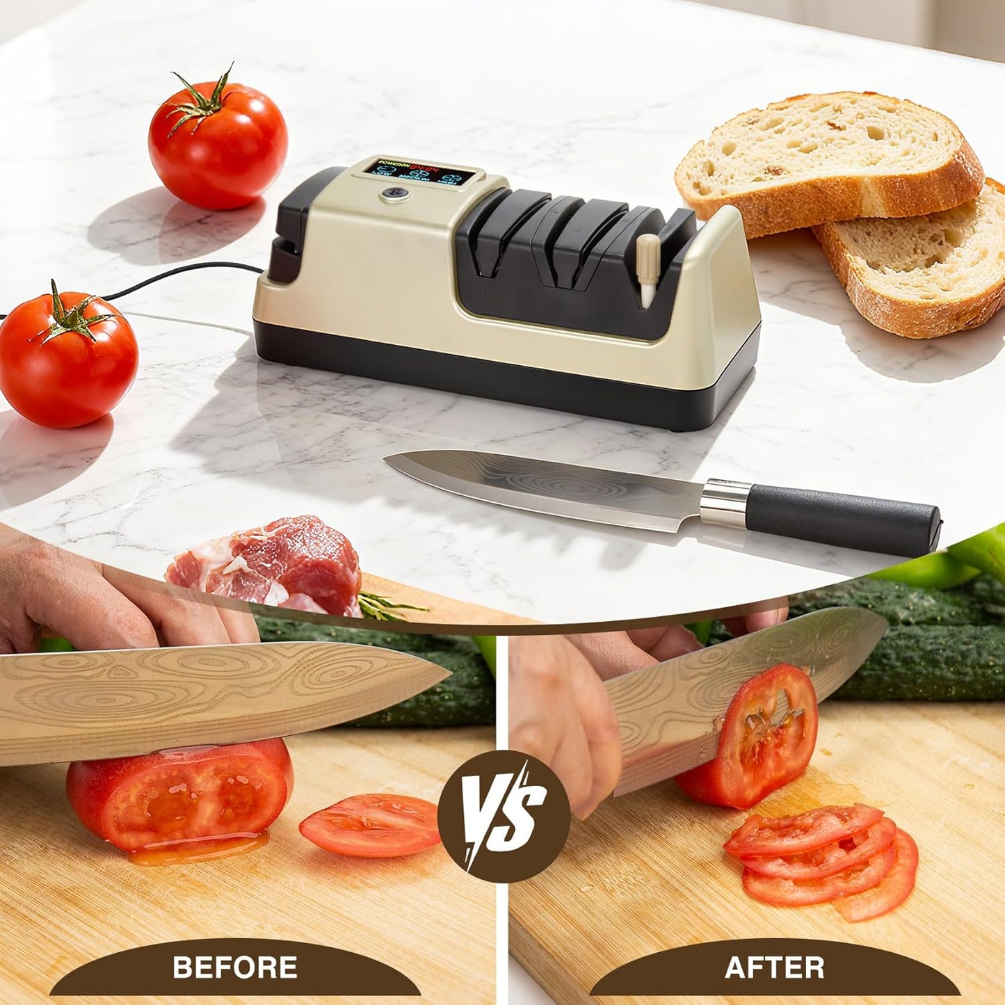 Electric Knife Sharpener for Kitchen, 3-Stage 100% Diamond Abrasive, LCD Screen, 3-speed adjustable, Precision Angle Guides, Use for Straight-Edge & Serrated Knives and Scissors, Gray