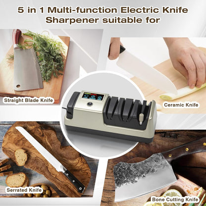 Electric Knife Sharpener for Kitchen, 3-Stage 100% Diamond Abrasive, LCD Screen, 3-speed adjustable, Precision Angle Guides, Use for Straight-Edge & Serrated Knives and Scissors, Gray