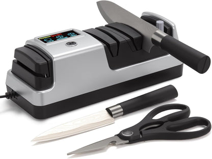 Electric Knife Sharpener for Kitchen, 3-Stage 100% Diamond Abrasive, LCD Screen, 3-speed adjustable, Precision Angle Guides, Use for Straight-Edge & Serrated Knives and Scissors, Gray