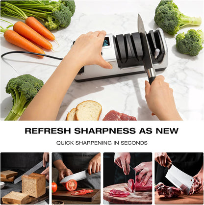Electric Knife Sharpener for Kitchen, 3-Stage 100% Diamond Abrasive, LCD Screen, 3-speed adjustable, Precision Angle Guides, Use for Straight-Edge & Serrated Knives and Scissors, Gray