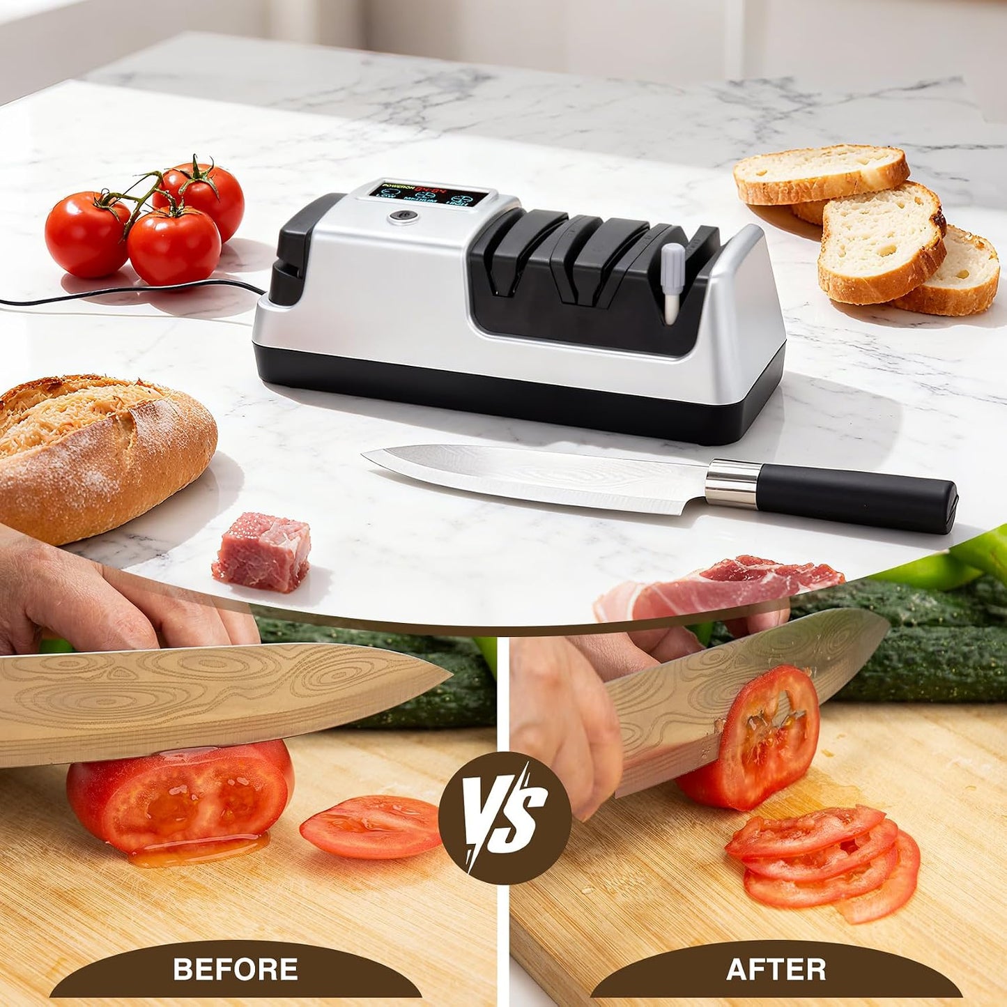 Electric Knife Sharpener for Kitchen, 3-Stage 100% Diamond Abrasive, LCD Screen, 3-speed adjustable, Precision Angle Guides, Use for Straight-Edge & Serrated Knives and Scissors, Gray