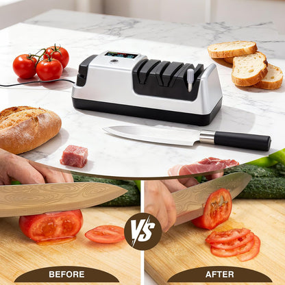Electric Knife Sharpener for Kitchen, 3-Stage 100% Diamond Abrasive, LCD Screen, 3-speed adjustable, Precision Angle Guides, Use for Straight-Edge & Serrated Knives and Scissors, Gray
