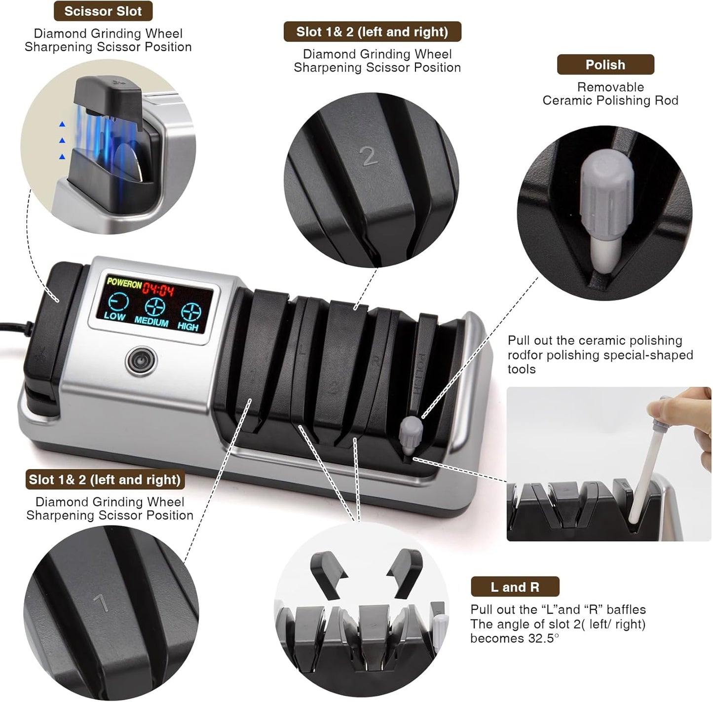 Electric Knife Sharpener for Kitchen, 3-Stage 100% Diamond Abrasive, LCD Screen, 3-speed adjustable, Precision Angle Guides, Use for Straight-Edge & Serrated Knives and Scissors, Gray