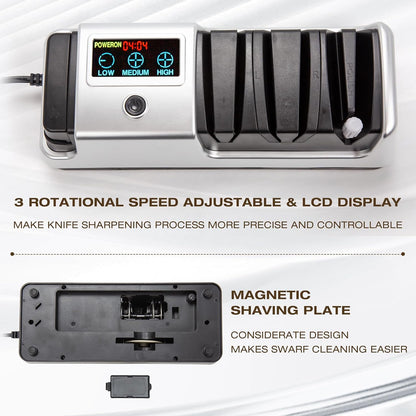 Electric Knife Sharpener for Kitchen, 3-Stage 100% Diamond Abrasive, LCD Screen, 3-speed adjustable, Precision Angle Guides, Use for Straight-Edge & Serrated Knives and Scissors, Gray