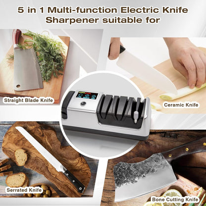 Electric Knife Sharpener for Kitchen, 3-Stage 100% Diamond Abrasive, LCD Screen, 3-speed adjustable, Precision Angle Guides, Use for Straight-Edge & Serrated Knives and Scissors, Gray