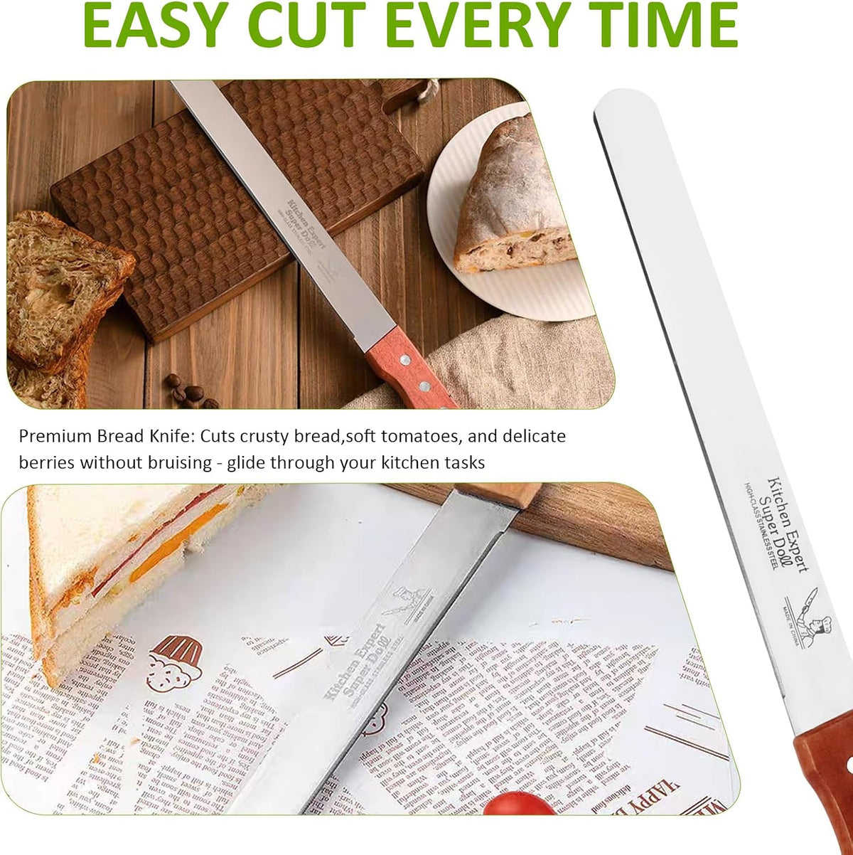 Bread Knife, Stainless Steel straight-edge Bread Knife for Homemade Bread, Cakes & Bagels, 10 Inch Kitchens Knifes Saw Breads Cutter, Bagel Sourdough Slicer Knifes with Wooden Handle