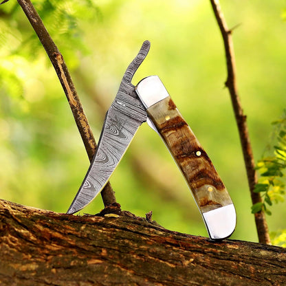 Handcrafted Damascus Steel Rus Lock Pocket Knife with, Traditional Folding Blade, Everyday carry, with leather sheath (Ram)