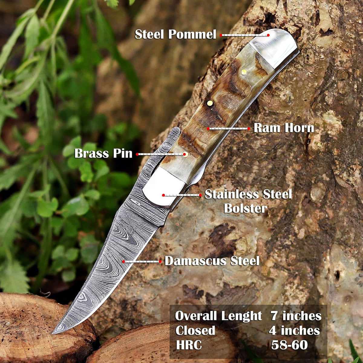 Handcrafted Damascus Steel Rus Lock Pocket Knife with, Traditional Folding Blade, Everyday carry, with leather sheath (Ram)