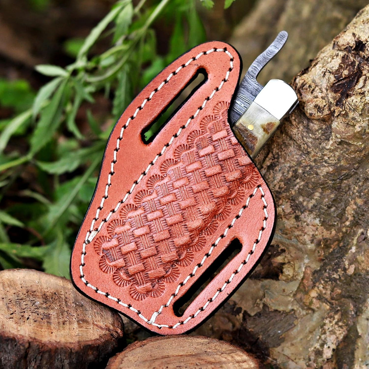 Handcrafted Damascus Steel Rus Lock Pocket Knife with, Traditional Folding Blade, Everyday carry, with leather sheath (Ram)