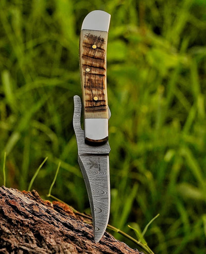 Handcrafted Damascus Steel Rus Lock Pocket Knife with, Traditional Folding Blade, Everyday carry, with leather sheath (Ram)
